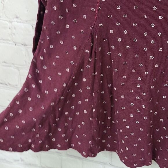 Lucky Brand Burgundy Print Ruched Sleeve Thermal Tee Linen Knit Shirt Medium Top - Picture 6 of 13